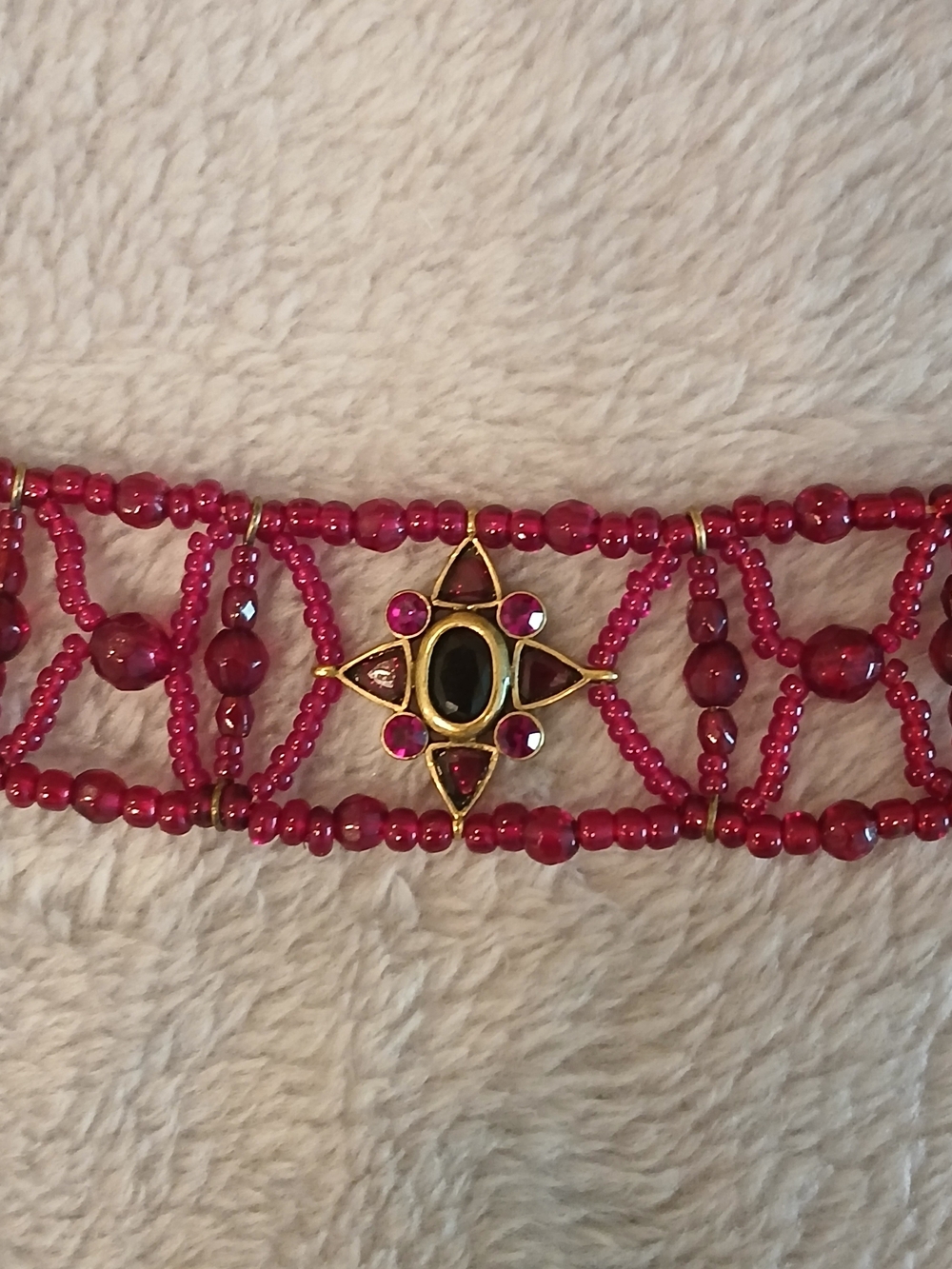 Vintage Whimsygoth Beaded Garnet Choker Necklace Gold Gothic Lattice 12"-14" - Picture 6 of 10